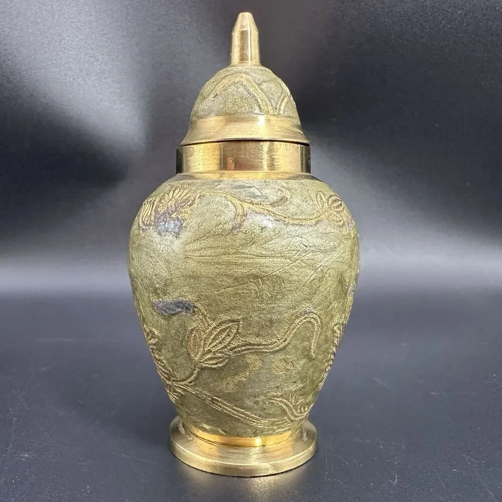 Vintage Anglo Indian Brass Decor Set Sage Green Enamel Pitcher & Lidded Jar